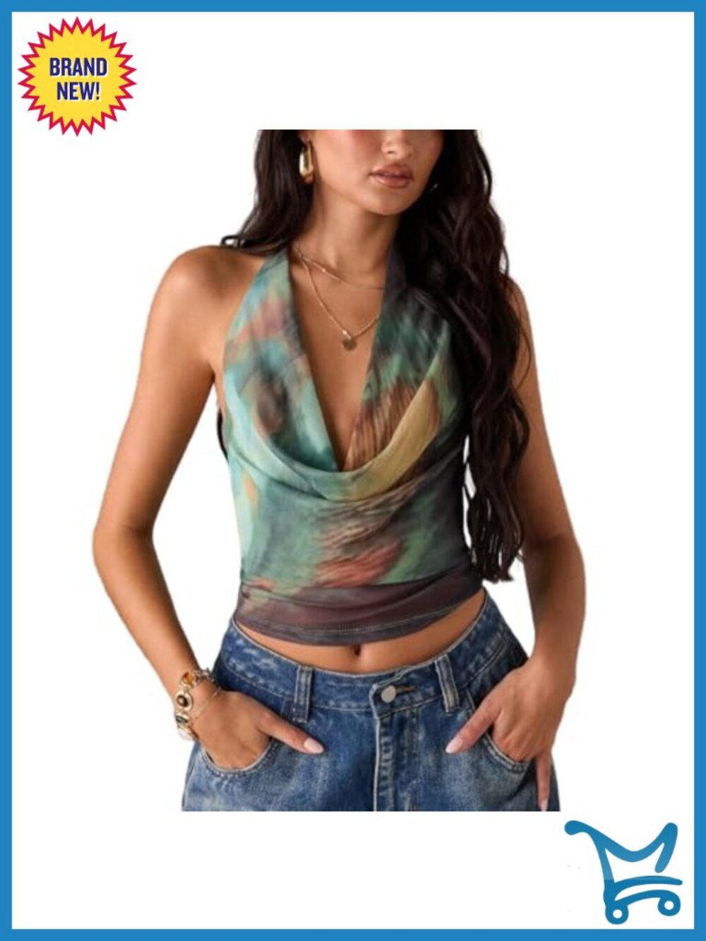 Women's Sexy V Neck Halter Floral Print Sleeveless Lace Up Backless Crop Top